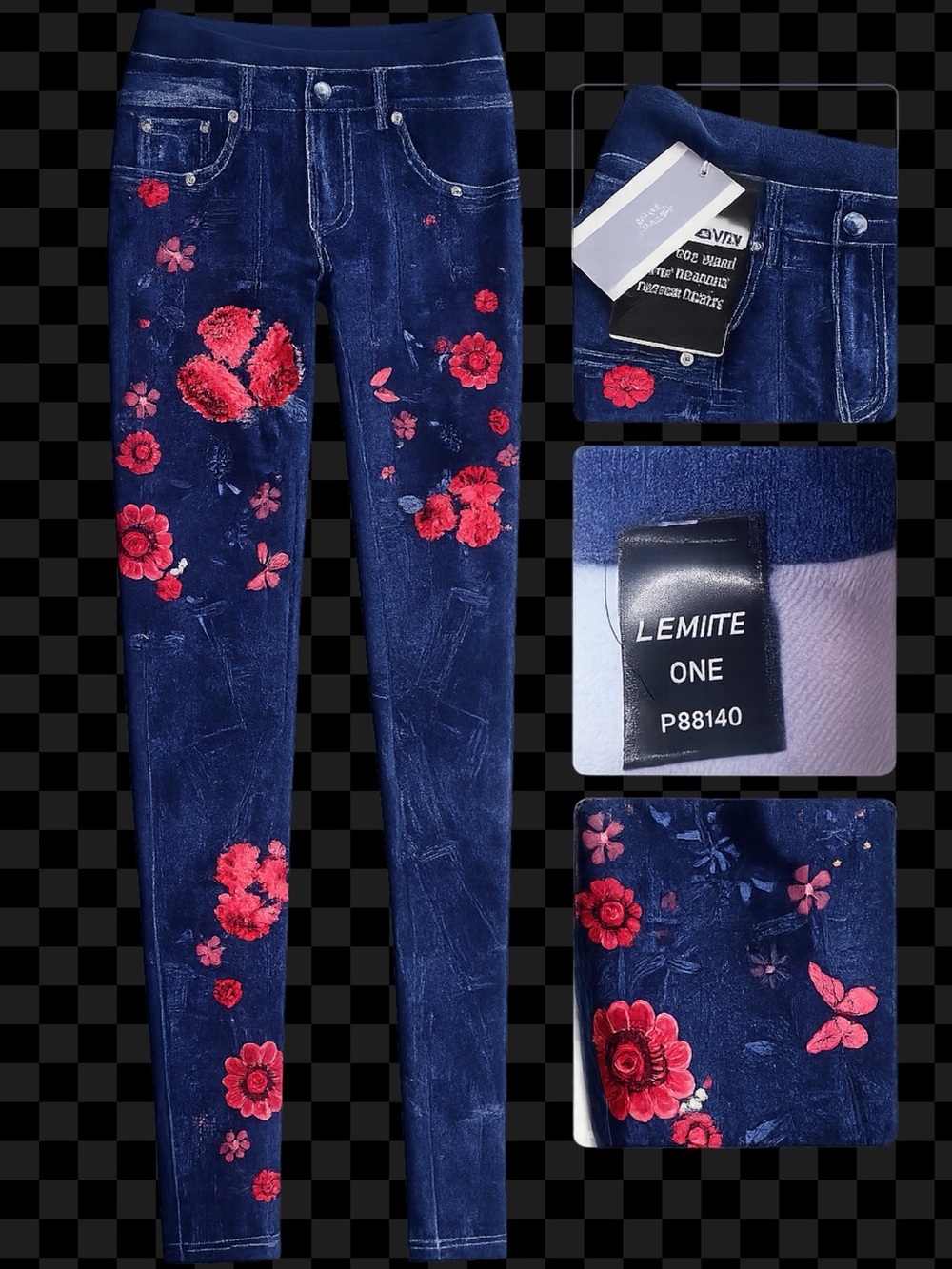 Women's Navy Skinny Jeans with Red Floral Embroidery